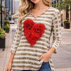 Women's Heart Rose Striped Tunic  3/4 Sleeve V-Neck Shirt |Red Floral Rhine PL